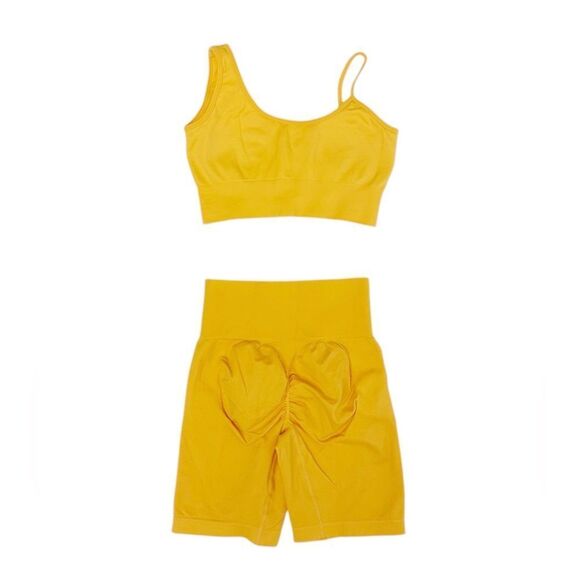 BO + TEE Asymmetrical Sports Bra & Matching Biker Shorts in Orange/Mango - Picture 3 of 3